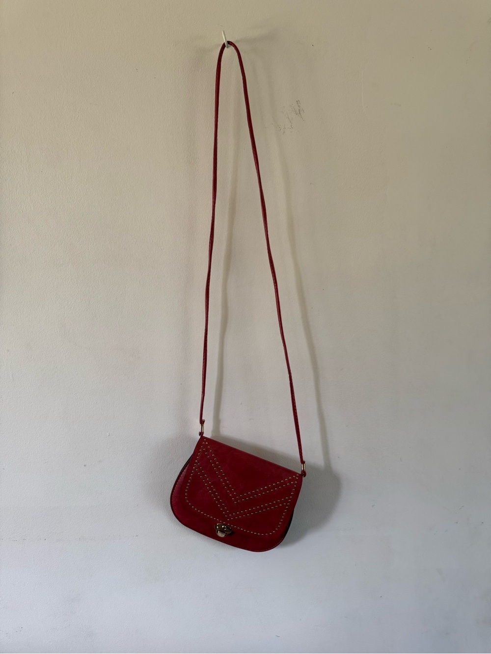 Red Faux Leather Studded Crossbody Bag Gold Tone Hardware Y2K